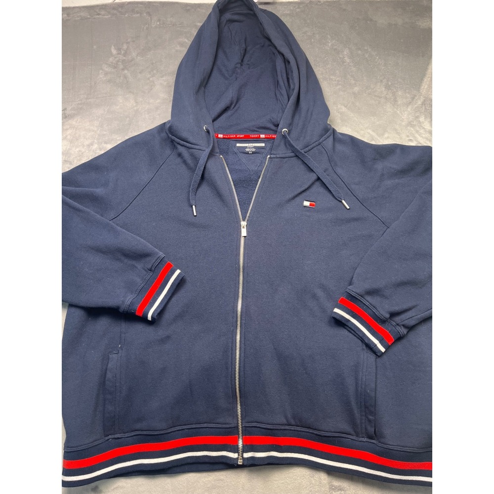 Tommy Hilfiger Sport Mens 3X Navy Blue Full Zip Hoodie Striped Trim Fleece Lined